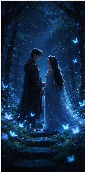 Amoro and Amoura in a starlit forest with glowing lights